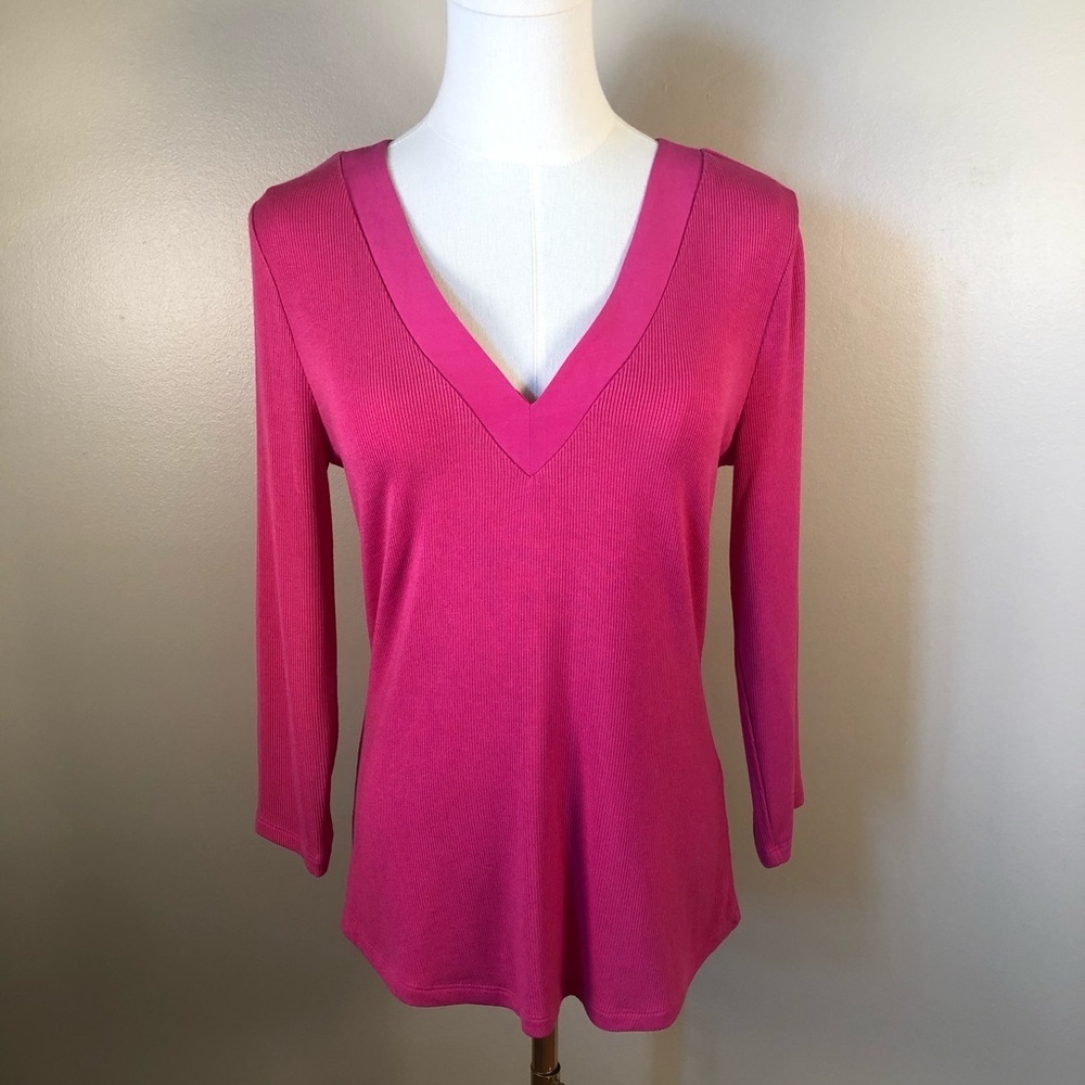 Anthropologie V Neck Hot Pink Fine Gage Lightweight Long Sleeve Top Size M